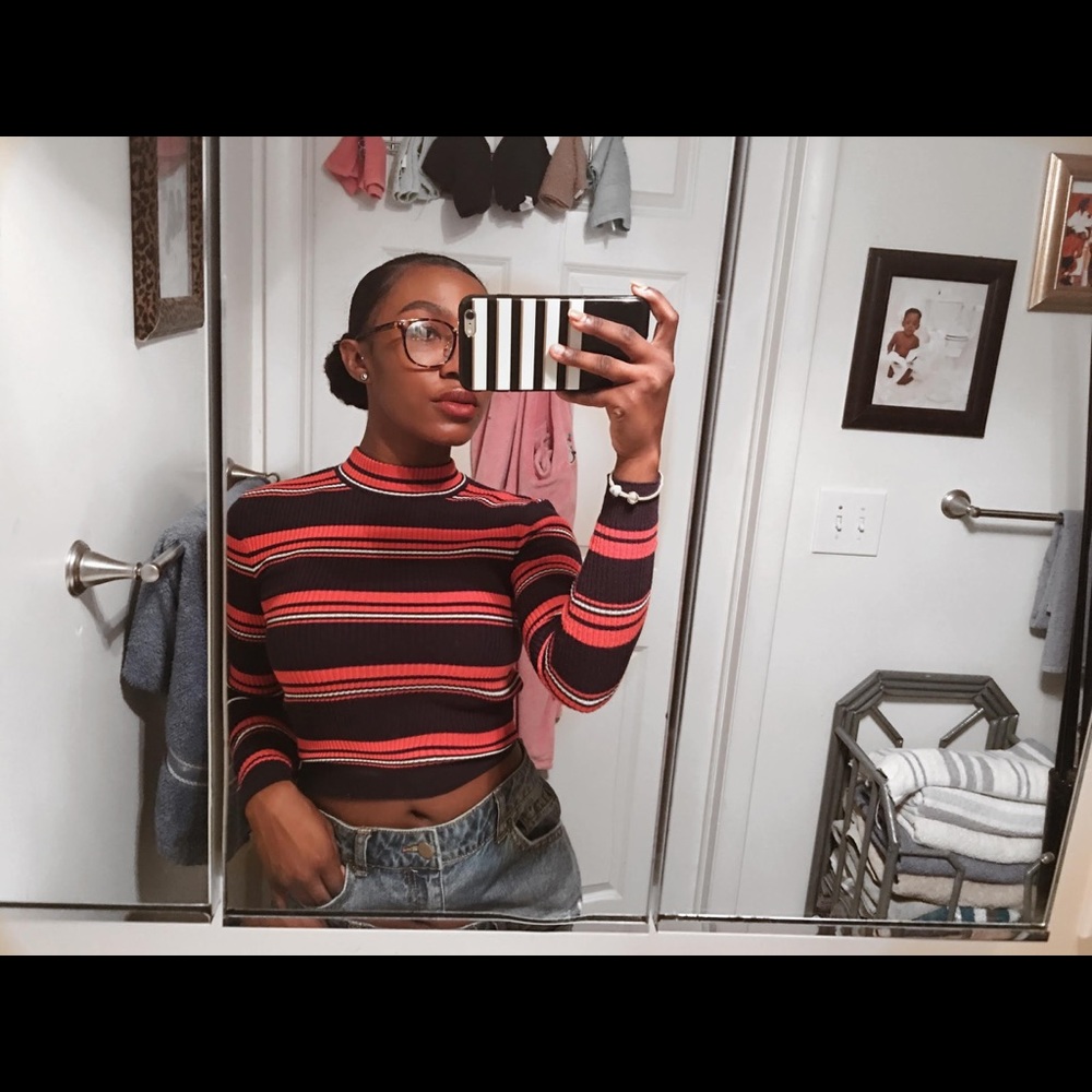 Stripped ribbed mock neck sweater